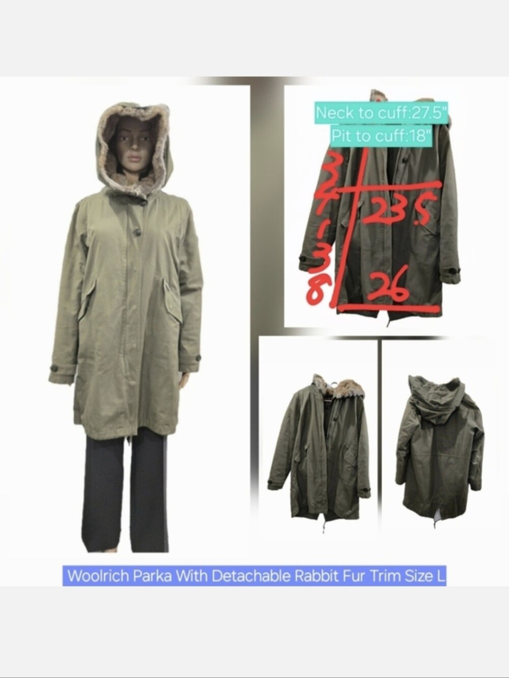 Woolrich John Rich & Bros Fishtail Parka With Detachable Rabbit Fur Trim Size L